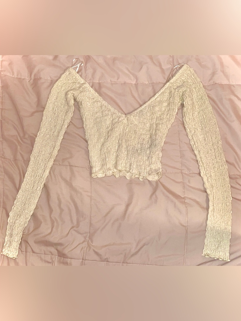 Bershka Cream Textured Cropped Long Sleeve Top